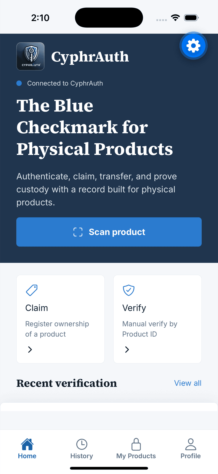 CyphrAuth mobile home screen with the primary product scan action