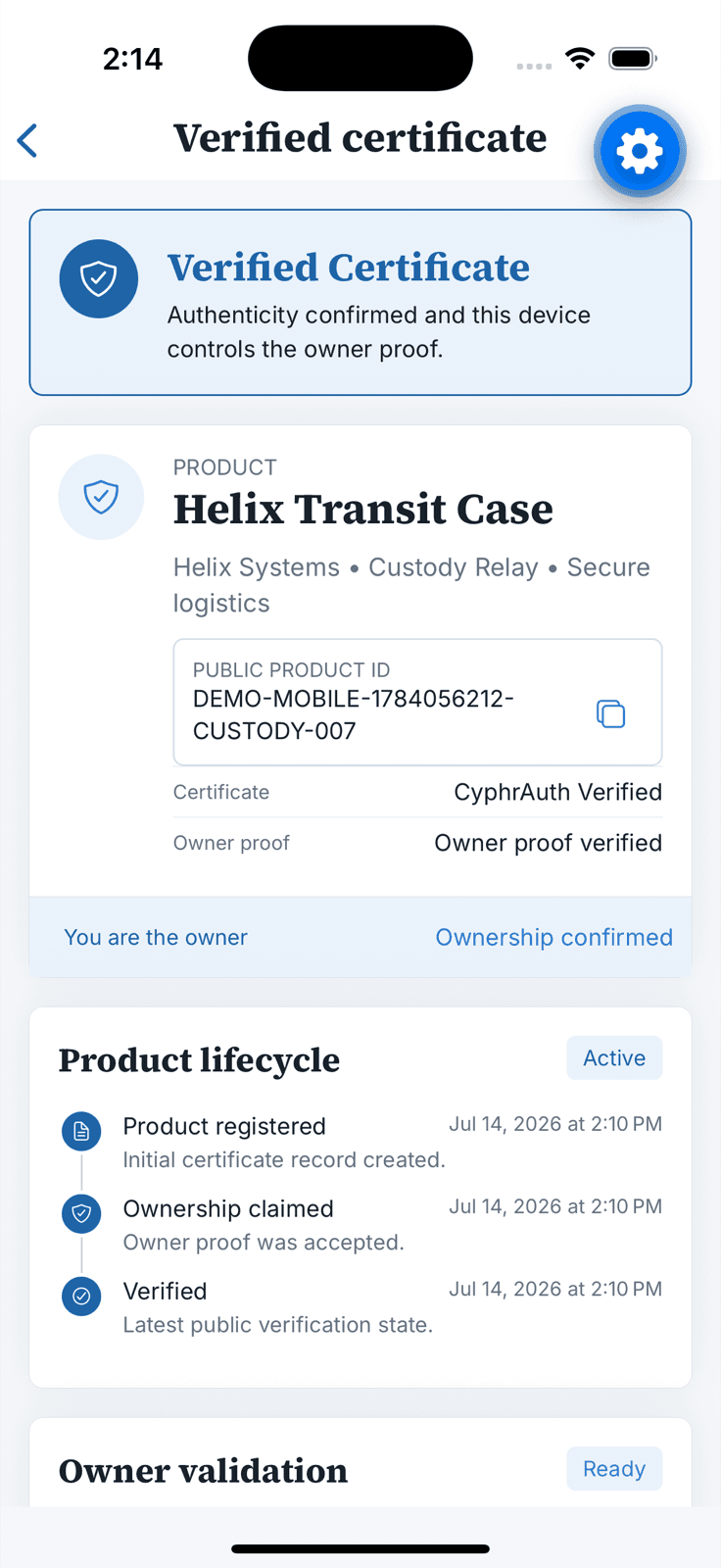 CyphrAuth mobile verified product certificate and owner status